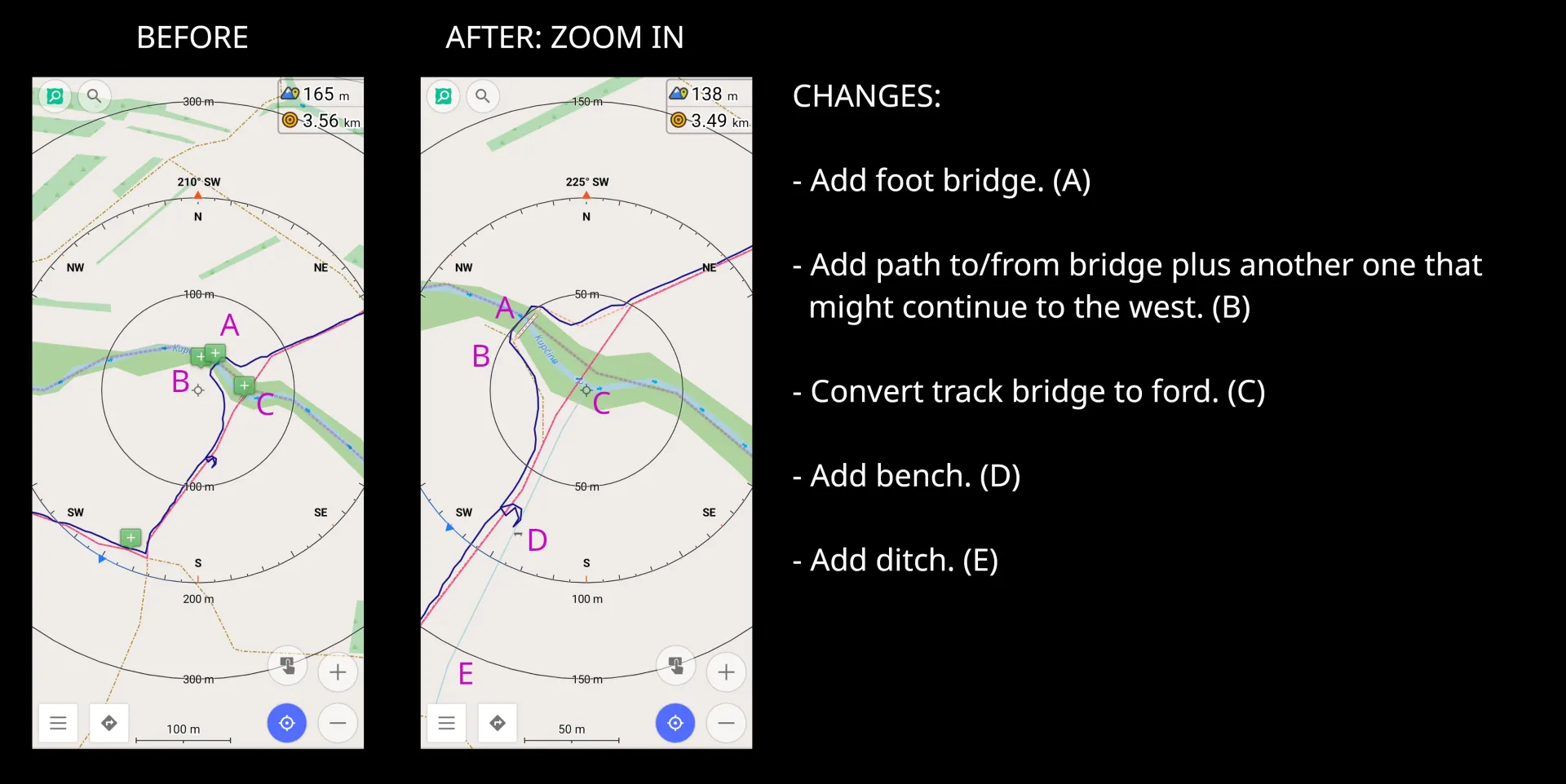 Highlights of OSM changes: add foot bridge; add path; change track bridge to ford; add ditch; add bench