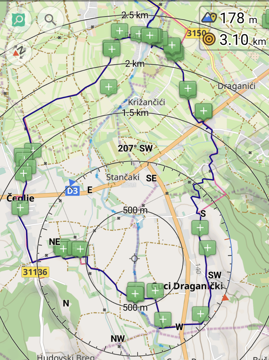 The red line is the planned route whereas the dark blue is the tracked one within the OsmAnd app.