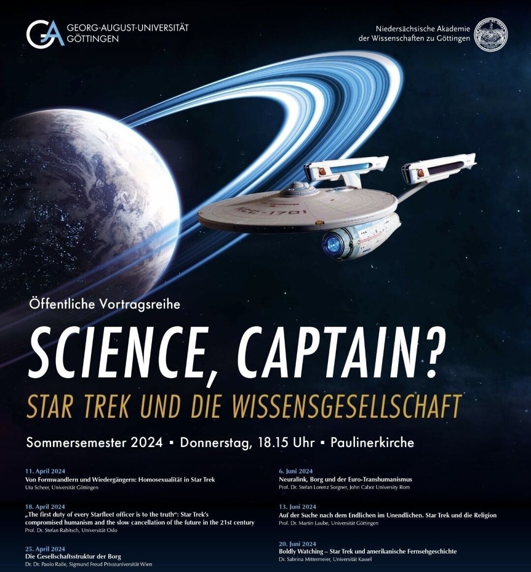 Bitte was?! 🤩 Die nächste Ringvorlesung in #Göttingen dreht sich nur um #StarTrek – wissenschaftlich, popkulturell, ethisch… Ich glaube, meine Donnerstage sind verplant 🖖 https://www.uni-goettingen.de/de/685186.html