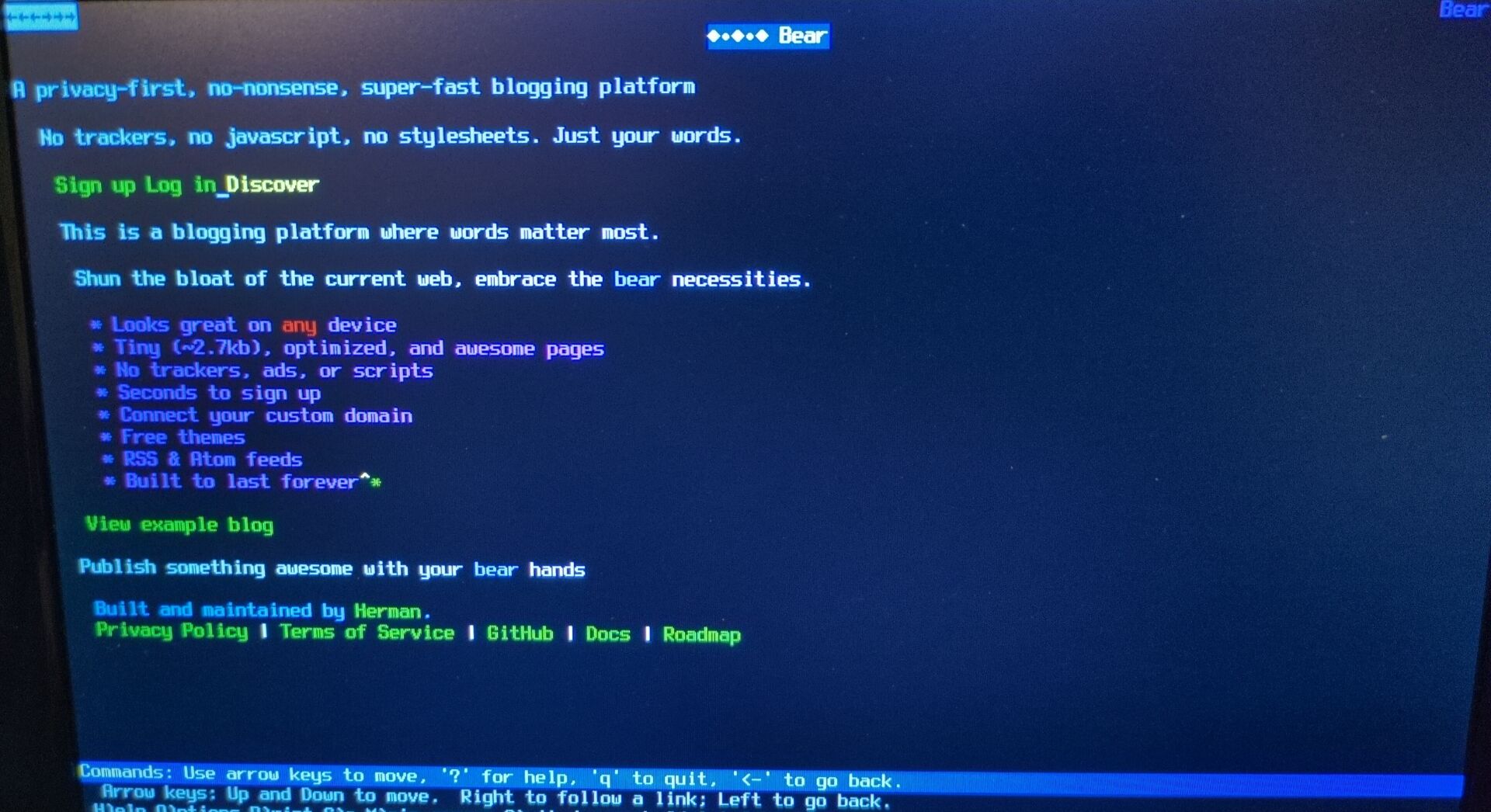 Bear Blog's home page in text