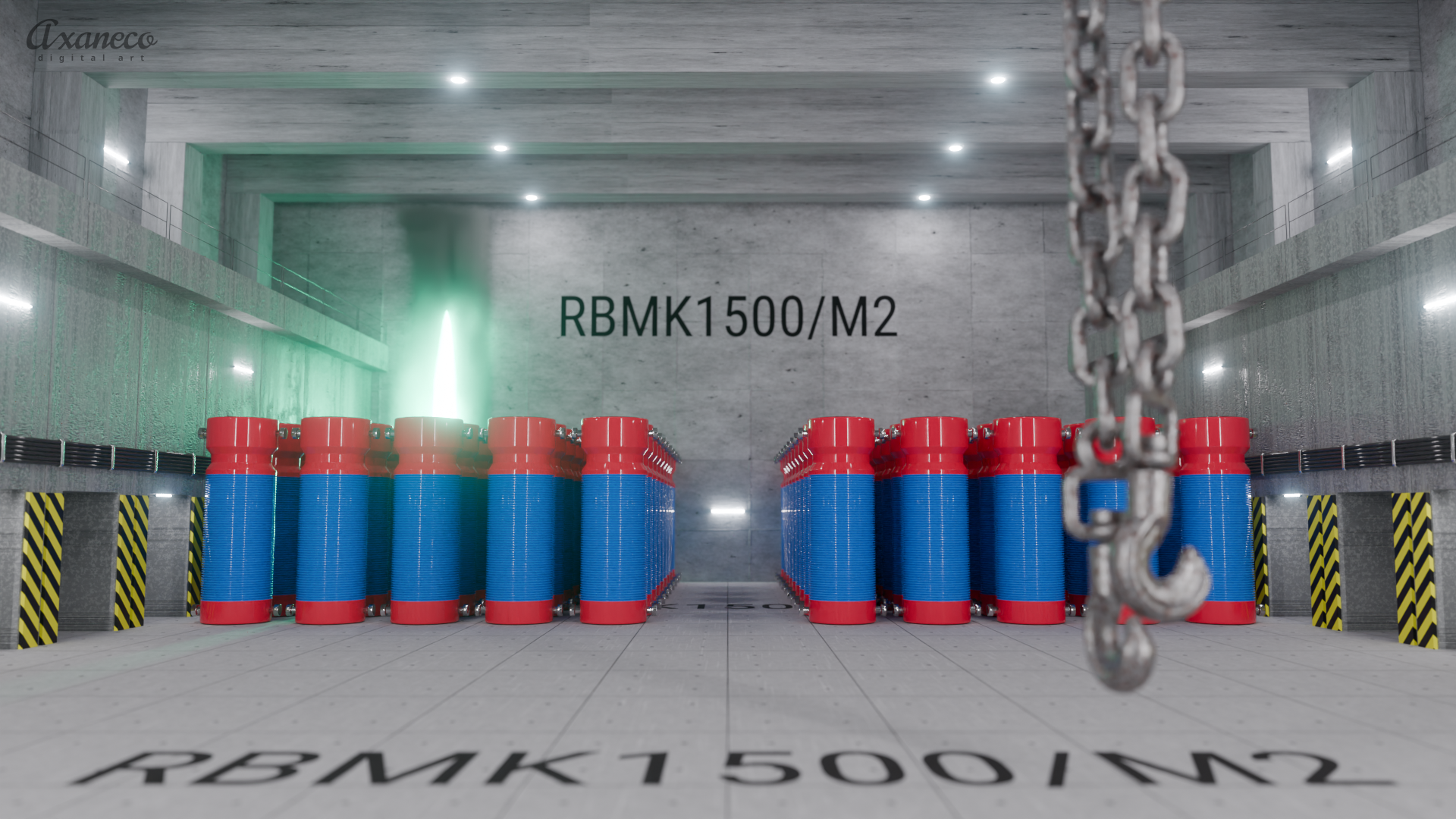 A type of interim storage facility for nuclear waste with upright cylindrical containers in a concrete hall. In the foreground are crane hooks on a metal chain. On the back wall, you can see a greenish flash and rising smoke.