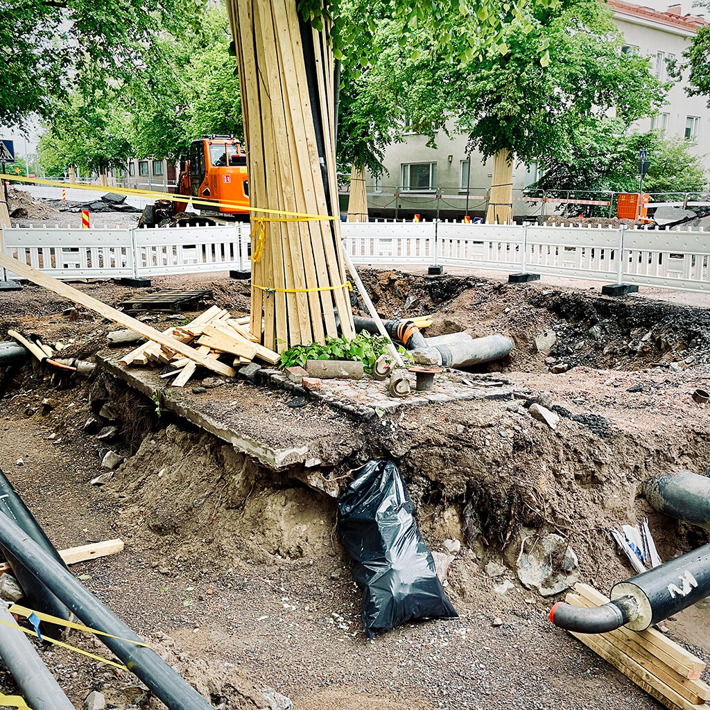 Street maintenance and development site in an urban area with earth excavation, exposed pipes, and a large supported tree with planks as protection.