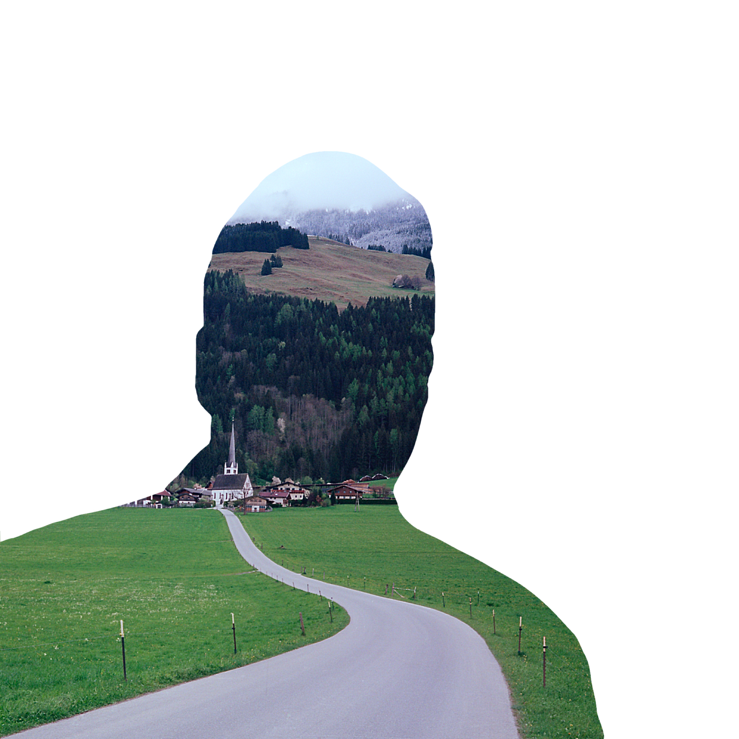 Silhouette of a human head overlaid on a scenic landscape with a winding road, village, church, and forested hills under a misty sky.