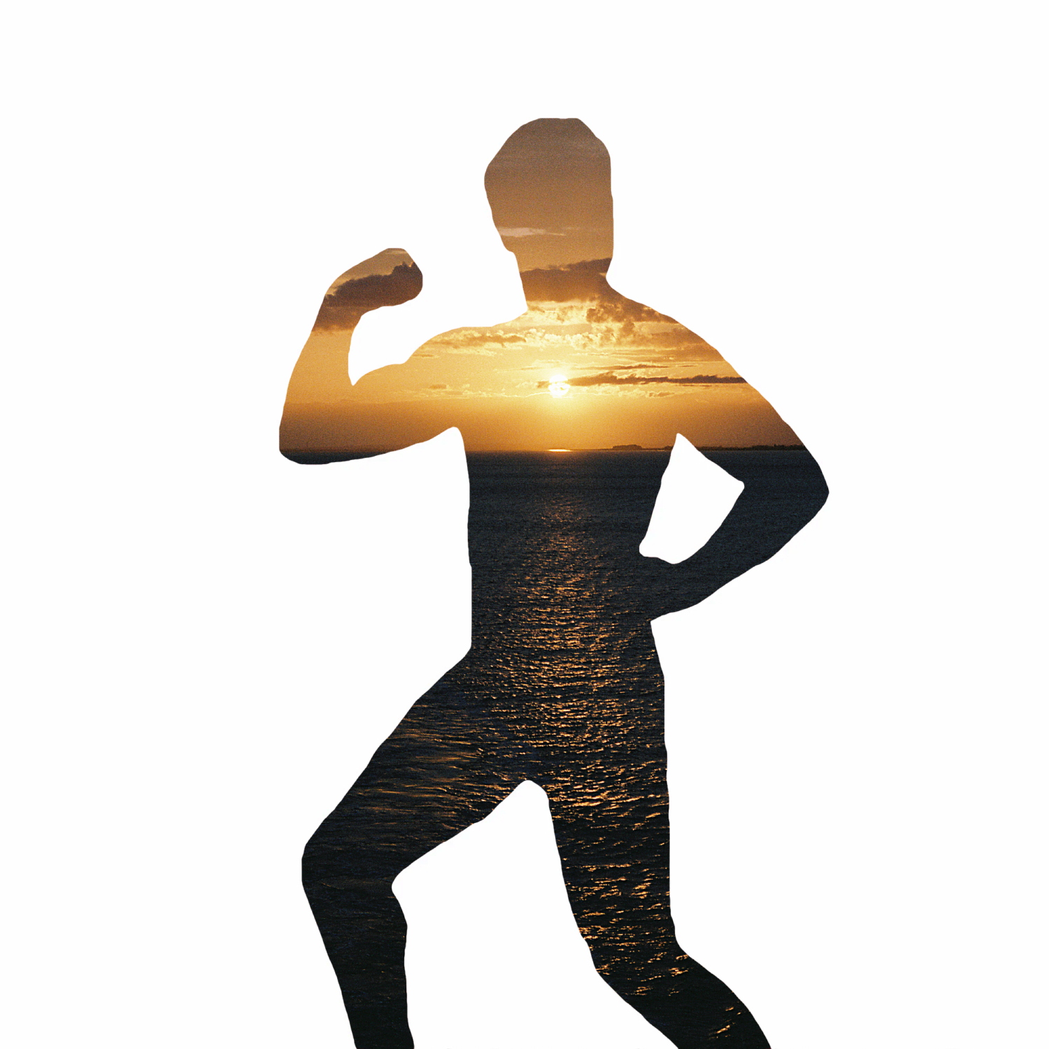 Silhouette of a person standing with legs apart and flexing muscles, with the sun setting over a calm ocean and scattered clouds.