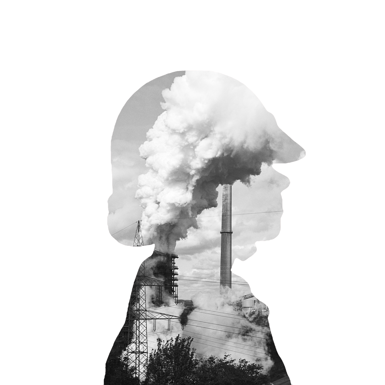 Silhouette of a human head with helmet overlaid on an industrial scene with a smokestack emitting thick smoke and power lines against a cloudy sky.