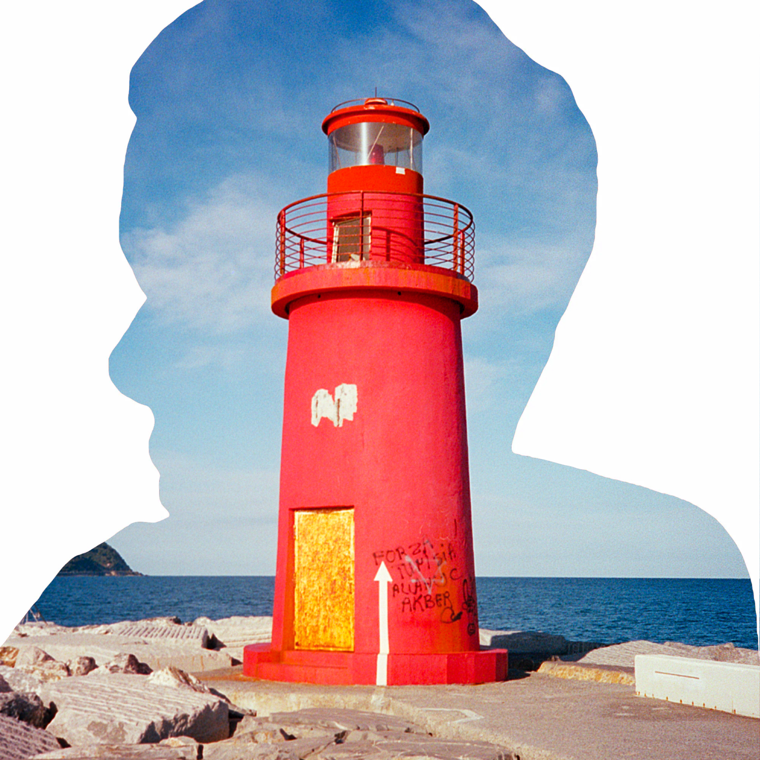 Red lighthouse by the sea, overlaid with the silhouette of a human head profile against a blue sky and ocean backdrop.