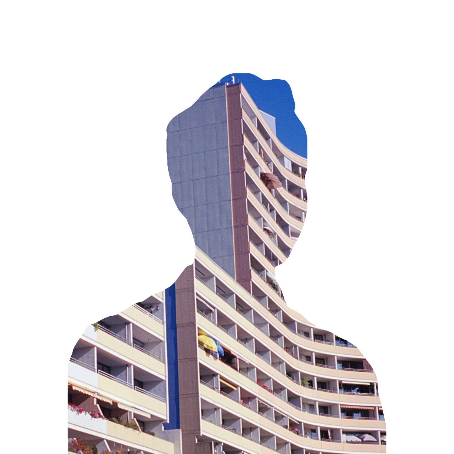 Silhouette of a human head overlaid on a high-rise apartment building with balconies, plants, and a bright blue sky in the background.