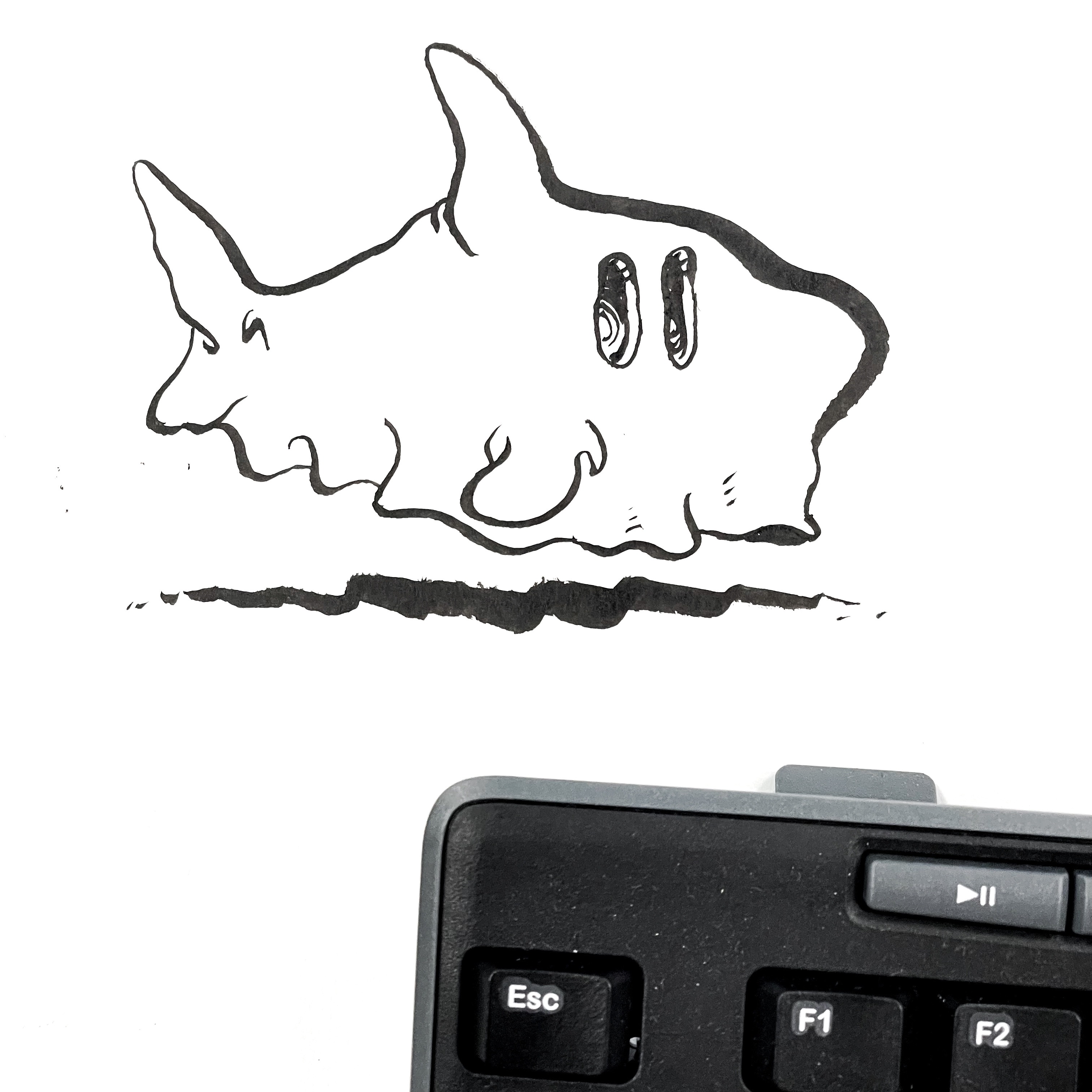 Friday fish drawing: a comic-style ghost shark, drawn with a brushpen. In the lower part of the image we, see the „escape“ key of a computer keyboard. 

Freitagsfischzeichnung: ein haiförmiges Gespenst, mit einem Pinselwarker im Comic-Stil gezeichnet. Unten im Bild sieht man eine Computertastatur mit der „Escape“-Taste.
