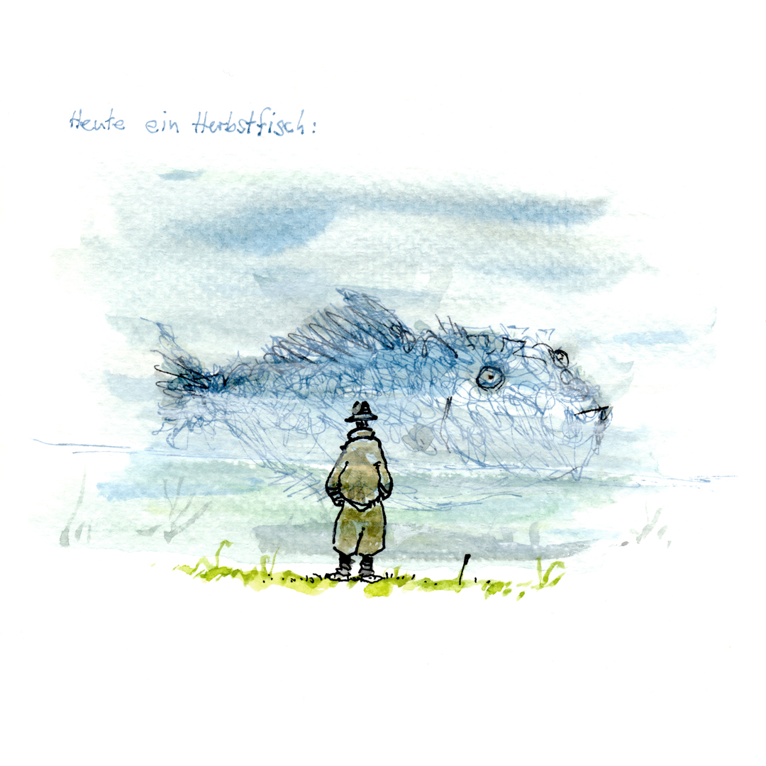 Friday fish drawing: a figure wearing a trenchcoat and a hat stands in the center of the image, facing away from the viewer. The person looks at a scribbly fish in the foggy distance, that faces to the right. Some green indicates grass where the person stands. On the upper left, some handwriting in blue ink reads „Heute ein Herbstfisch:“ („today, an autumn fish:“ in english). A combination of watercolour, gouache, blue and black ink. 

Freitagsfischbild: eine Person in Trenchcoat und Hut steht mit dem Rücken zum Betrachter in der Bildmitte. Der Mensch schaut auf einen kritzeligen Fisch weiter hinten im Nebel, der nach rechts schaut. Etwas grün deutet an, dass die Person auf einer Wiese steht. Oben links steht in blauer Handschrift „Heute ein Herbstfisch:“
Mischtechnik mit Aquarell, Gouache, blauer und schwarzer Tinte. 
￼