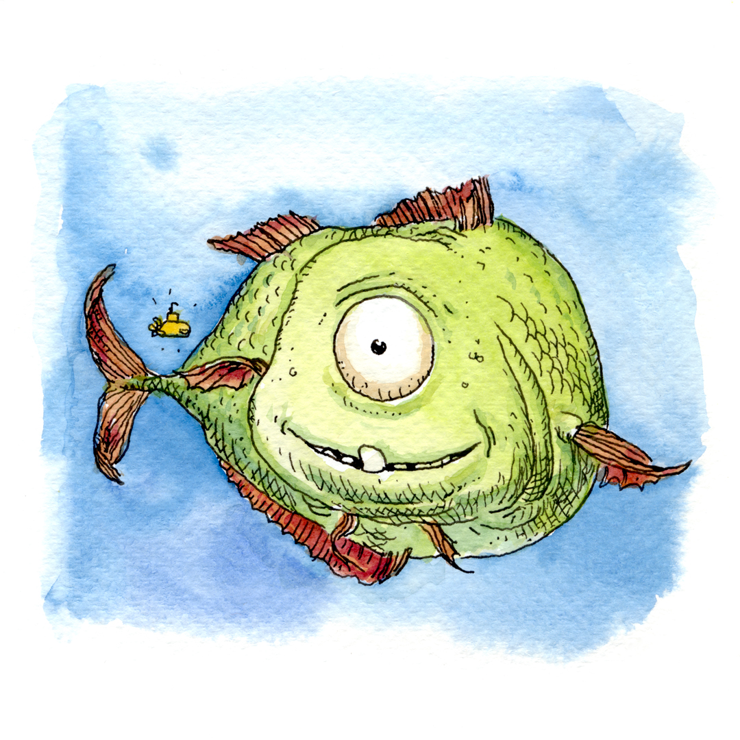 Friday fish drawing: a green fish with a single large, round eye and red/orange fins swims toward the viewer. In front of it is a tiny yellow submarine, making the fish look enormously big. Blue background. Drawn with black ink (fountain pen) and watercolour. 

Freitagsfischbild: ein grüner Fisch mit einem einzigen runden Auge und rot-orangefarbenen Flossen schwimmt auf den Betrachter zu. Vor ihm ist ein winziges gelbes U-Boot zu sehen, wodurch der Fisch sehr groß aussieht. Der Hintergrund ist blau. Gezeichnet mit Füllhalter (schwarze Tinte) und Aquarellfarben.