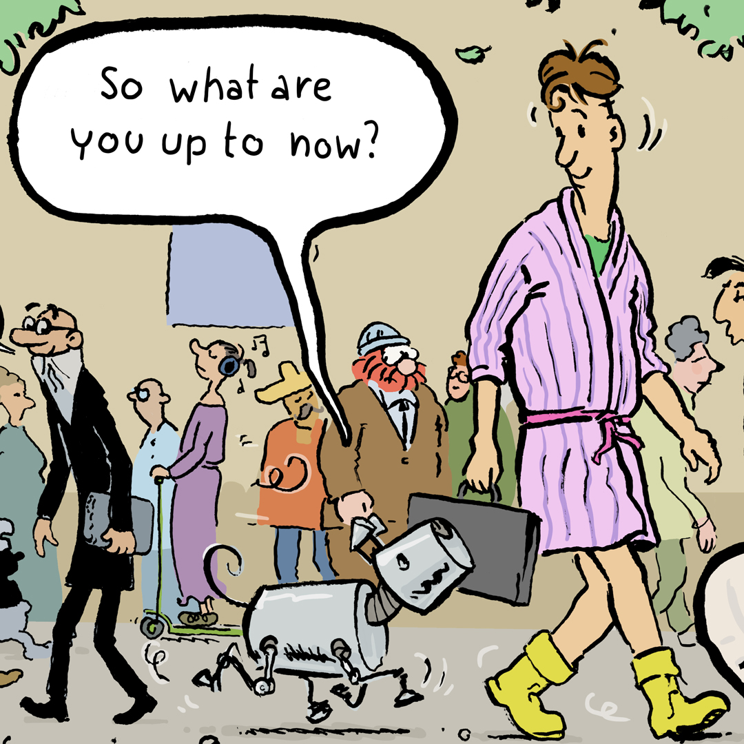 Comic panel: both are walking along a street. The people in the background look like various well-known comic characters. Schiaparelli asks: „So what are you up to now?“

Comicpanel: beide gehen eine Straße entlang. Die Personen im Hintergrund ähneln verschiedenen bekannten Comicfiguren. Schiaparelli fragt: „Und was hast du jetzt vor?“