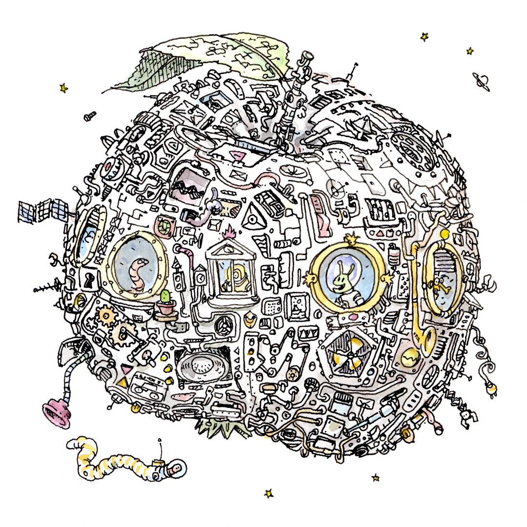 A kind of space ship that is shaped like an apple with a leaf, floating in space. The surface is full of technical looking details and there are several windows, through which you can see some creatures inside. To the lower left, a worm a space suit floats outside of the craft. In the background a few stars and a ringed planet are visible. Black line drawing in white paper with a little colouring here and there. 

Eine Art Raumschiff in der Form eines großen Apfels mit einem Blatt, der im Weltraum schwebt. Die Oberfläche ist voller technisch wirkender Details, und es gibt ein paar Fenster, durch die man verschiedene Wesen im Inneren sehen kann. Unten links schwebt ein Wurm in einem Raumanzug außerhalb des Raumschiffes. Im Hintergrund sieht man ein paar Sterne und einen Planeten mit einem Ring. Das Ganze ist eine Strichzeichnung auf weißem Papier mit ein paar farbigen Details.