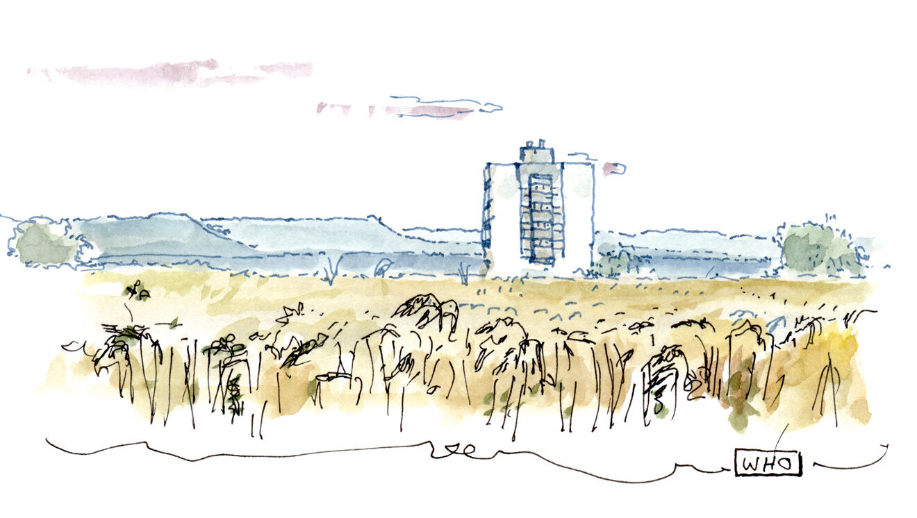 A landscape sketch showing a multi-story building towering over a field of barley. In the background some flat-top hills and clouds.

Diese schnelle Landschaftsskizze zeigt einen mehrstöckigen Wohnblock, der über einem reifen Getreidefeld aufragt, dahinter sieht man die Berge der schwäbischen Alb und ein paar Wolken.