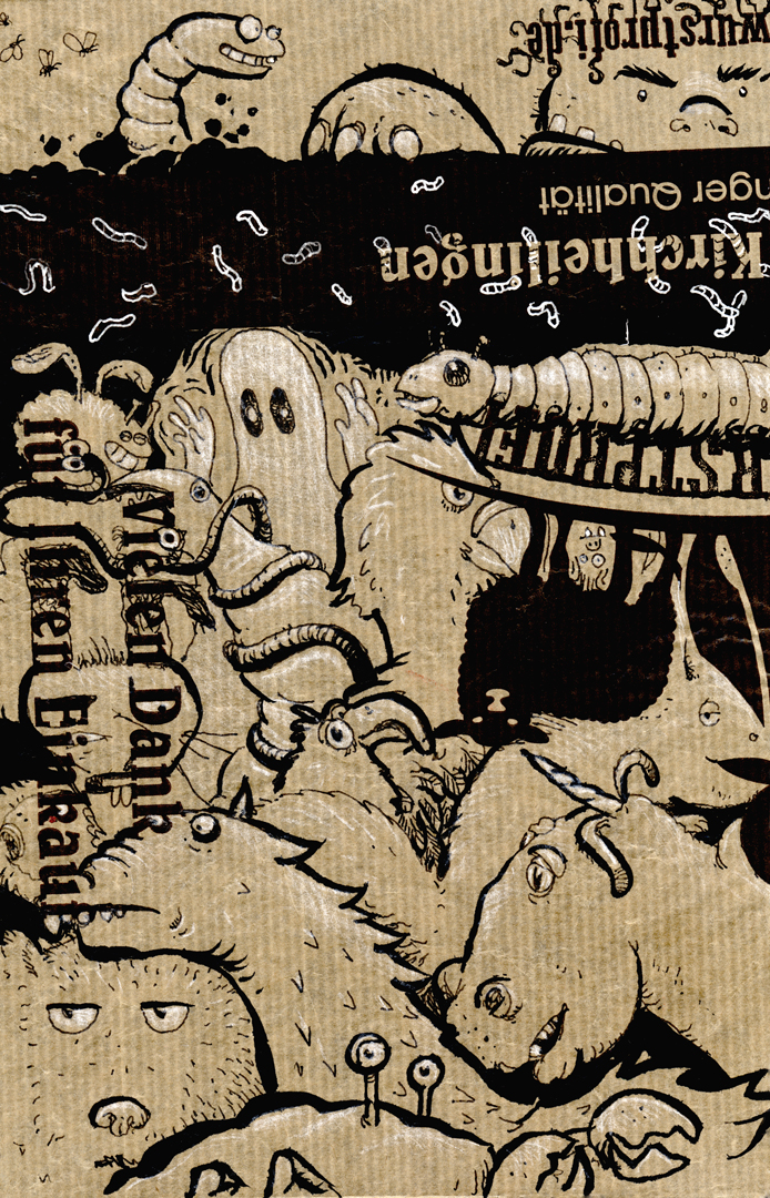 A brown paper bag with black print, bearing a drawing that uses the negative space between the black print.  It shows a cave filled with weird animals and creatures, a cross section of the ground with some little worms and a small strip of the area above ground, where a big, bear-like animal and a large earthworm are visible. Drawn with black and white ink. 

Auf einer braunen Papiertüte mit schwarzem Werbeaufdruck befindet sich eine Zeichnung, die den Leerraum zwischen den schwarz bedruckten Stellen ausnutzt. Sie zeigt eine Höhle, die mit vielen seltsamen Tieren gefüllt ist, einen Querschnitt des Bodens mit kleinen Würmern und einen schmalen Streifen oberhalb des Bodens, wo ein großes, bärenähnliches Tier und ein großer Regenwurm zu sehen sind. Gezeichnet mit schwarzer und weißer Tusche.