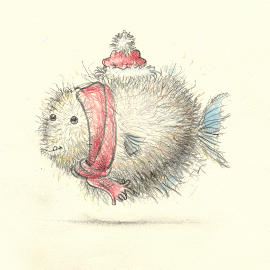 Friday fish drawing: this is a pencil drawing on off-white paper, that depicts a fluffy, fur-covered fish wearing a red scarf and a santa-style red wooly hat. The fish has a roughly round shape, is seen from the side (fscing l to the left), and has a small shadow underneath. 

Freitagsfischbild: diese Bleistiftzeichnung auf cremefarbenem Papier zeigt einen flauschigen, pelzigen Fisch mit einem roten Schal und einer roten Weihnachtsmann-Mütze. Sein Körper ist mehr oder weniger rund, und man sieht ihn von der Seite, mit dem Kopf nach links. Darunter ist ein kleiner Schatten angedeutet.