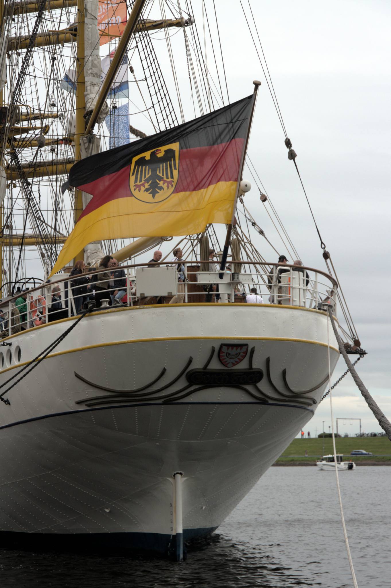 stern/transom of the sailing ship Gorch Fock, with a grand German jack flying
