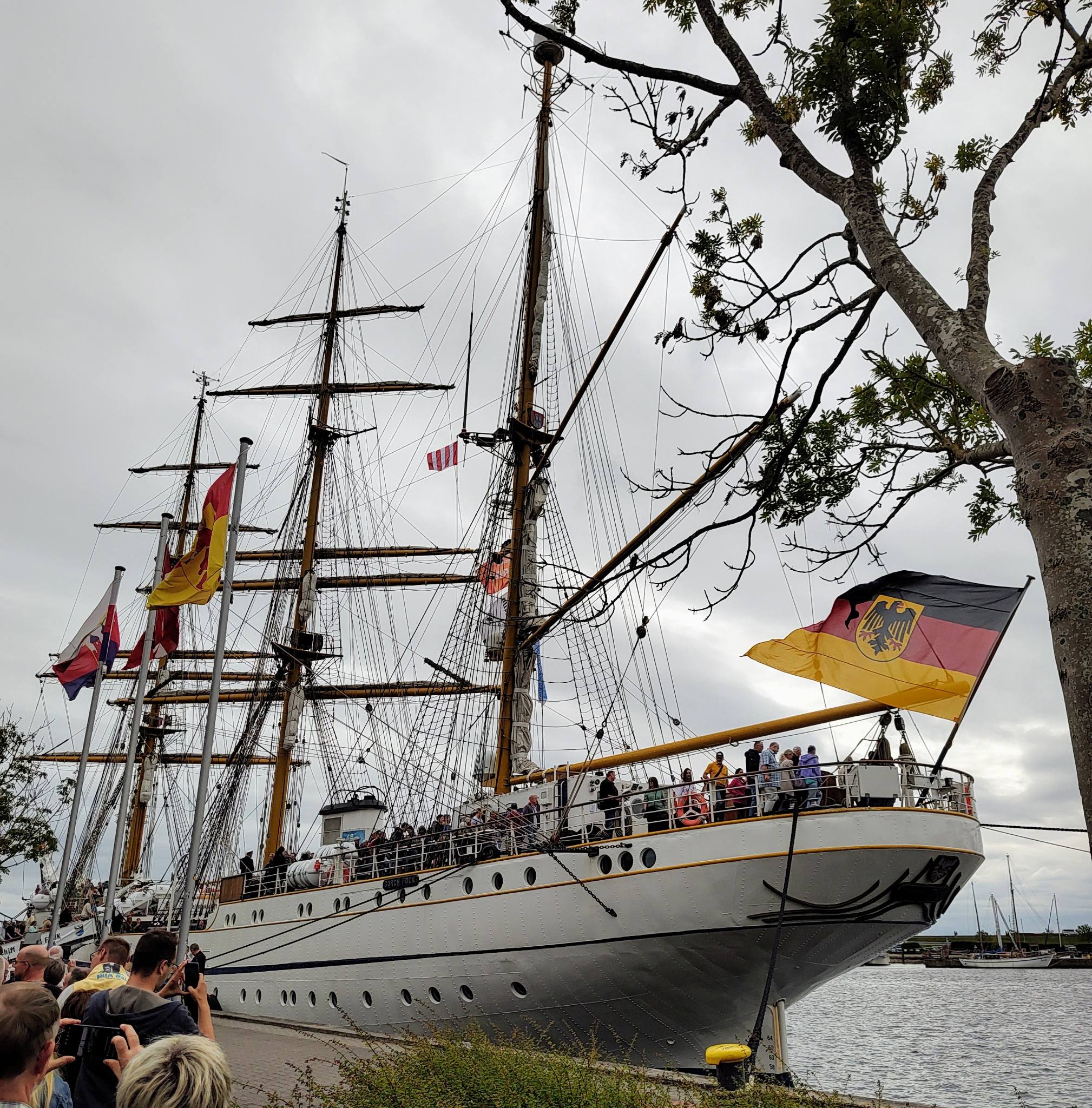 German training ship Gorch Fock (1958), moored at Bontekai in Wilhelmshaven. Lots of People can be seen on deck.