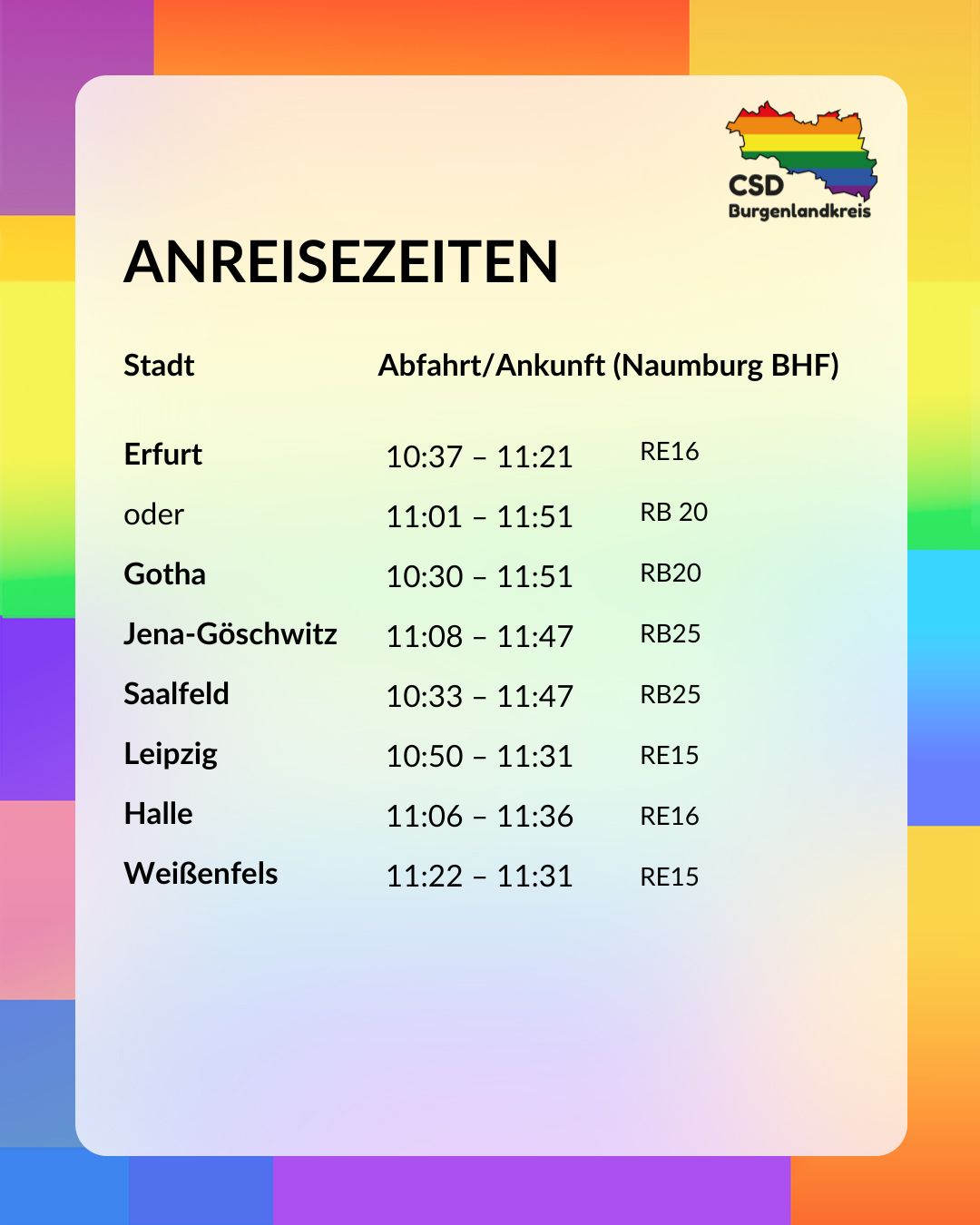 Anreisezeiten

 Erfurt (RE16)
  Abfahrt: 10:37
  Ankunft: 11:21
  oder (RB20)
  Abfahrt: 11:01
  Ankunft: 11:51

 Gotha (RB20)
  Abfahrt: 10:30
  Ankunft: 11:51

 Jena-Göschwitz (RB25)
  Abfahrt: 11:08
  Ankunft: 11:47

 Saalfeld (RB25)
  Abfahrt: 10:33
  Ankunft: 11:47

 Leipzig (RE15)
  Abfahrt: 10:50
  Ankunft: 11:31

 Halle (RE16)
  Abfahrt: 11:06
  Ankunft: 11:36

 Weißenfels (RE15)
  Abfahrt: 11:22
  Ankunft: 11:31