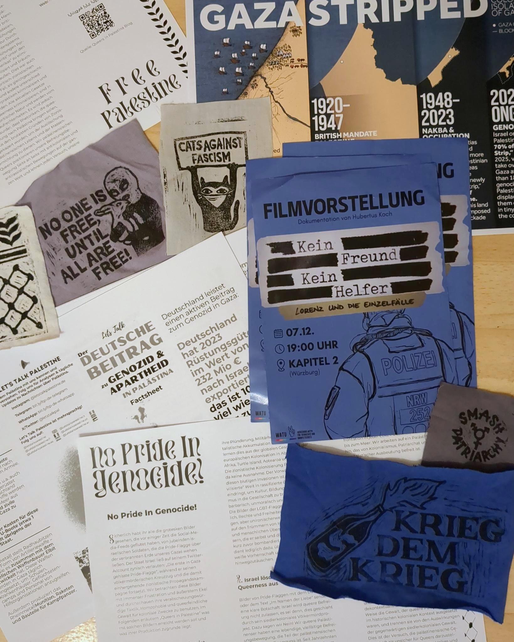 Eine Collage aus verschiedenen Flyern, bedruckten Patches und dem Flyer zu unserer Filmvorstellung "Polizeigewalt: Kein Freund, kein Helfer".
