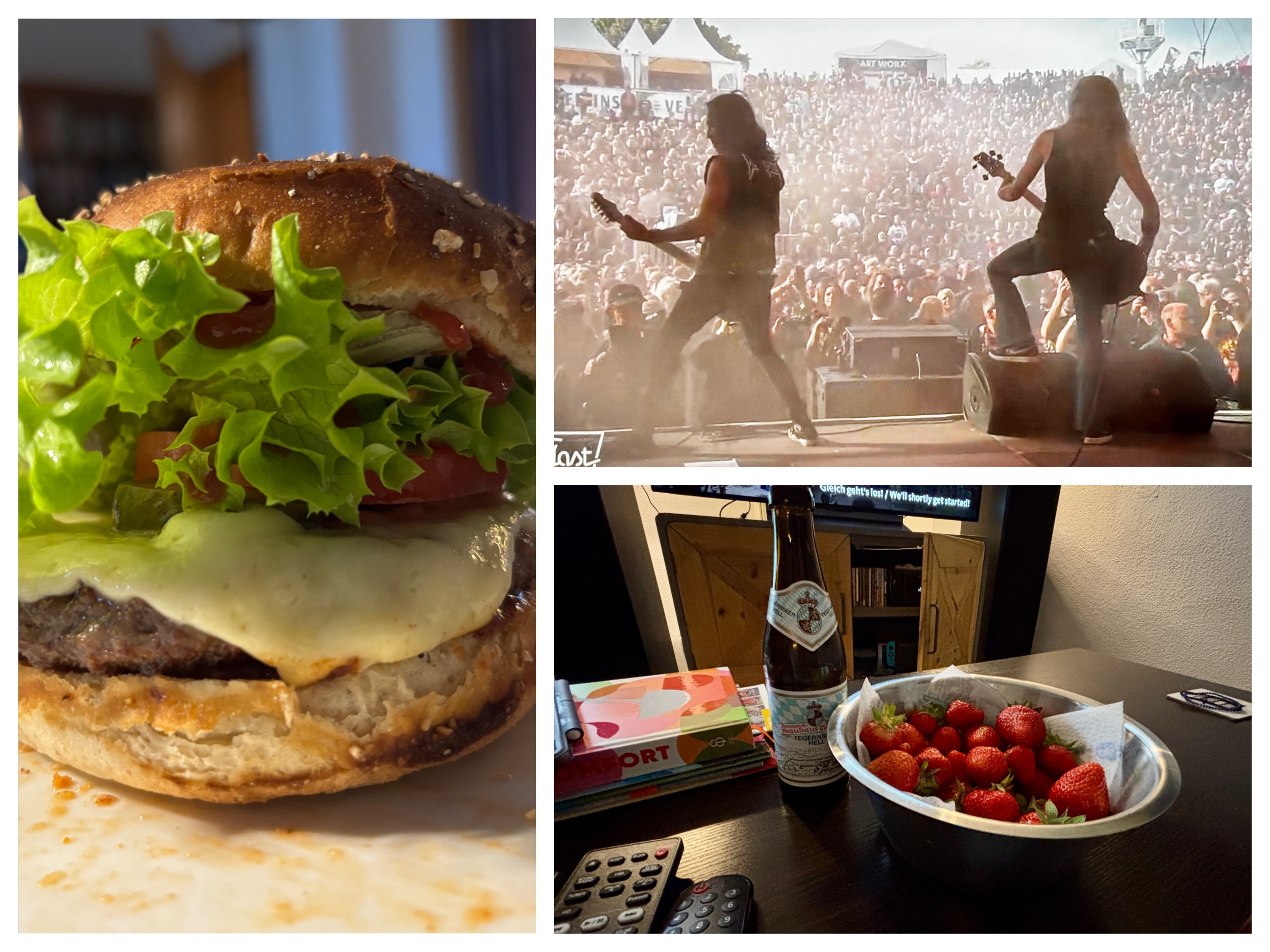 a collage of a burger, a tv set playing Death Angel, and another pic with a beer and a bowl of straeberries