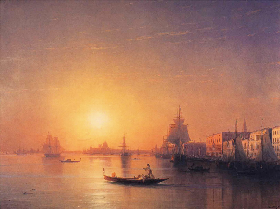 Sunset over the Venice lagoon. You can see a gondola, various sailing ships and the Doge's Palace on the right-hand side of the picture. However, the focus of the painting is on the depiction of the calm water and the spectacular colours of the sunset.
---------------
Sonnenuntergang über Venedig. Zu sehen ist eine Gondel im roten Abendlicht, einige Segelschiffe und rechts im Bildrand der Dogenpalast. Die Konzentration des Malers liegt allerdings auf dem ruhigen Meer und der Farbexplosion des Sonnenuntergangs.