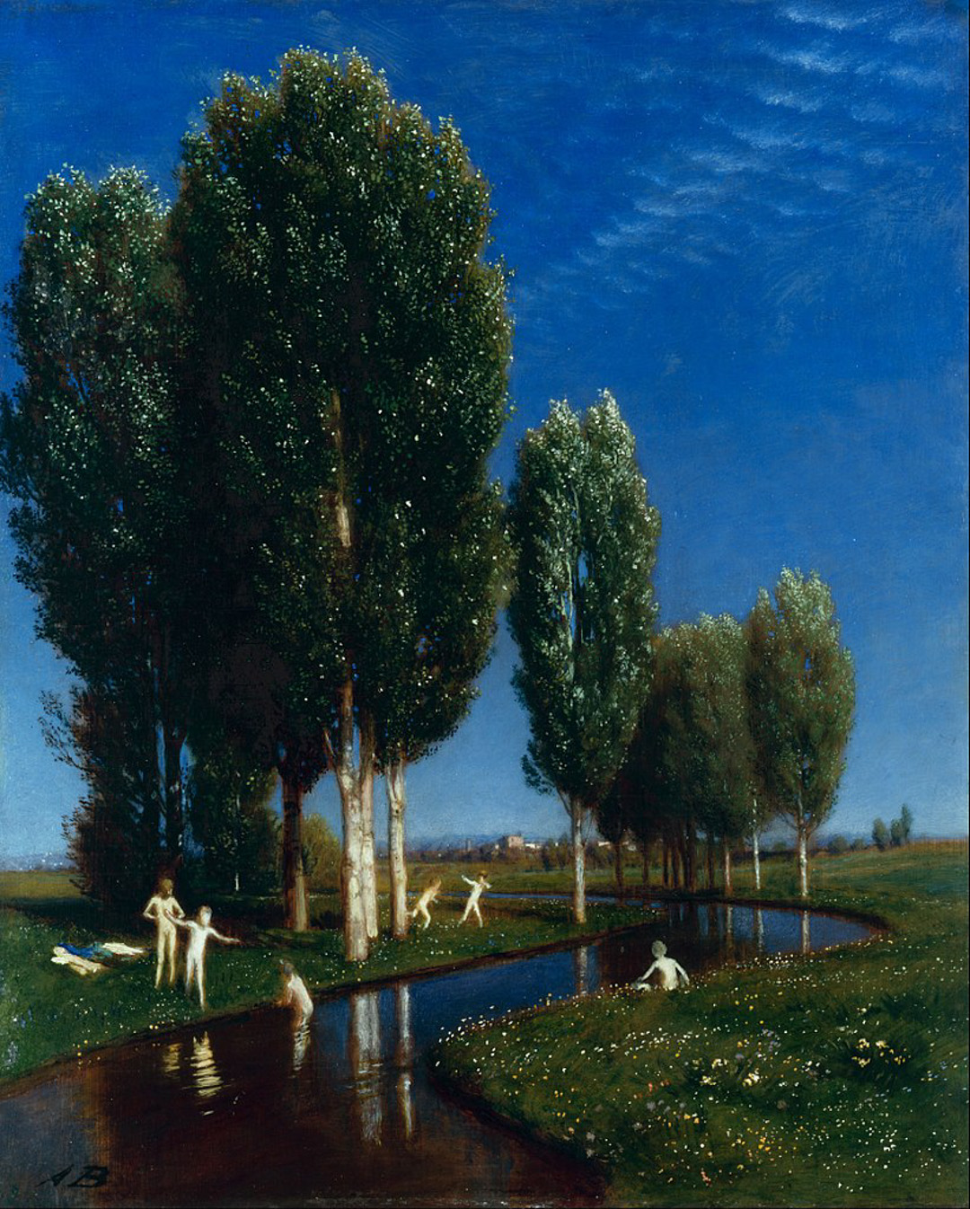 Gemälde eines heißen Sommertags. Wir sehen einen ruhigen Bach, einige Bäume und einige Menschen, die nackt auf der Wiese und im Wasser herumtollen. 
_____________
A painting of a hot summer day. We see a blue sky, grass with flowers, a small stream between tall trees. Naked people are frolicking