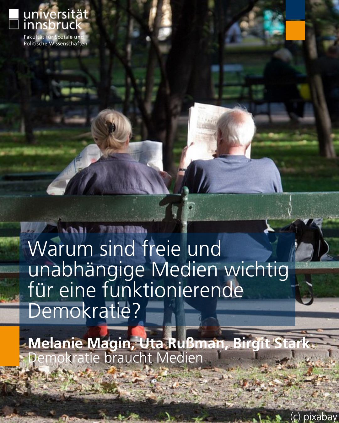 Ein Foto von der Rückseite einer grünen Parkbank. Darauf sitzen zwei Menschen mit grauen Haaren die Zeitung lesen. Darüber der Text "Warum sind freie und unabhängige Medien wichtig für eine funktionierende Demokratie?"