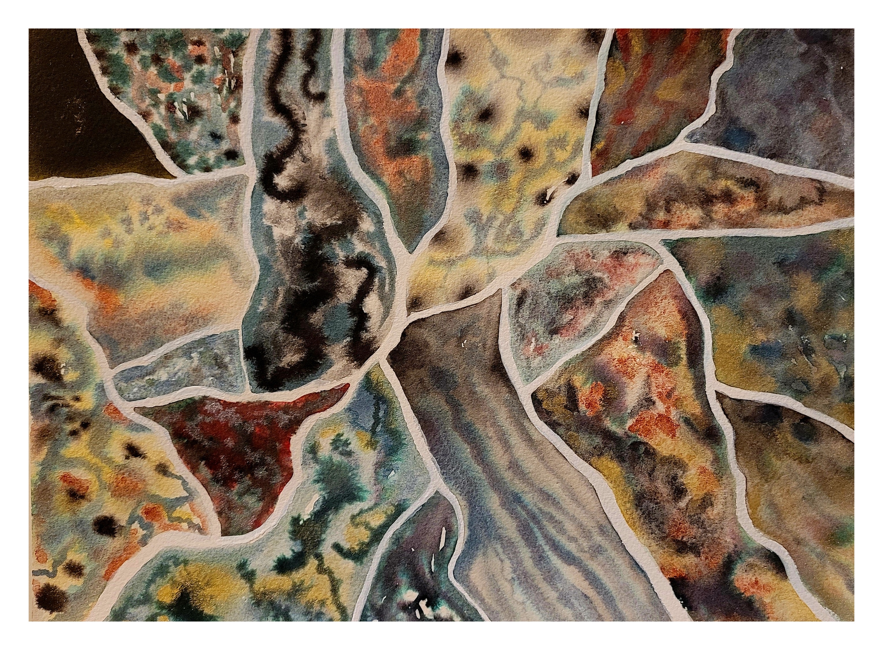 Das Bild ist abstrakt und sieht ein wenig so aus, wie Zellen unter einem Mikroskop oder ähnlich organisches. Tusche & Aquarell verschmelzen, die einzelnen Grenzen sind mit Gouache ausgearbeitet.