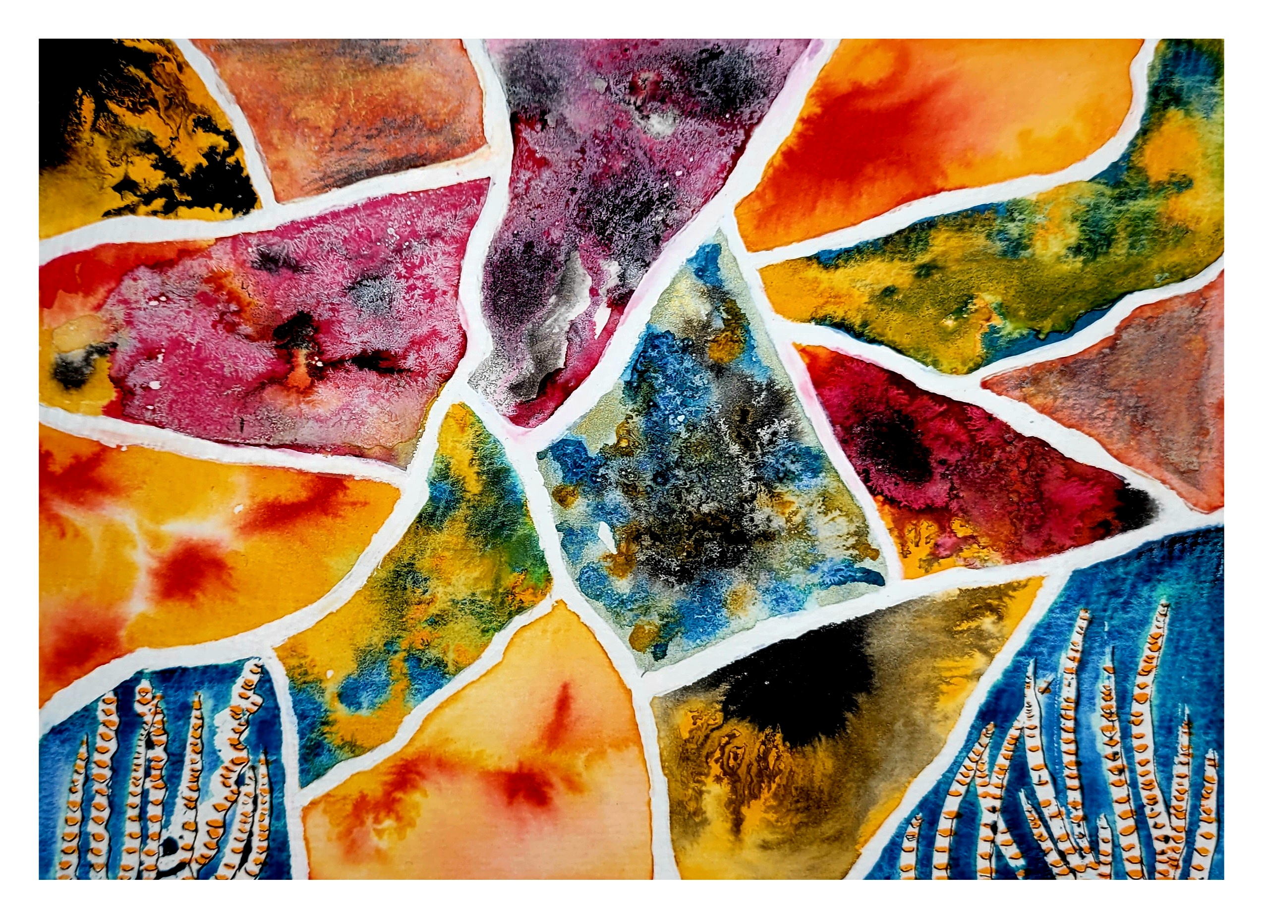 Das Bild zeigt eine Art Mosaik oder es könnten auch zusammengefügte Scherben sein? Jedenfalls hat es leuchtende Farben, die ineinander laufen.