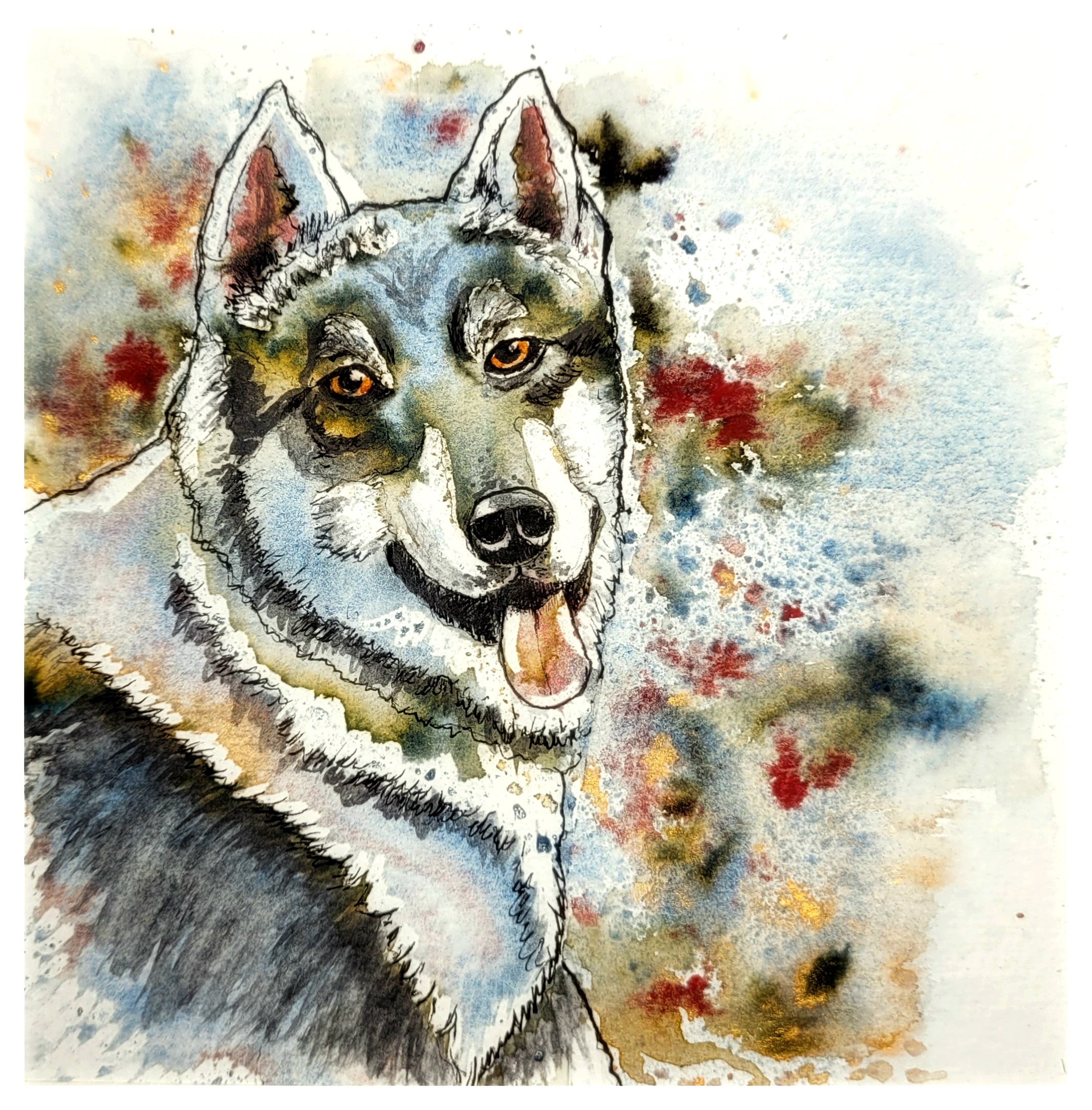 Auf dem Bild sieht man einen nordischen Hund, der einen anschaut. Der Hund ist vereinfacht dargestellt und der Hintergrund enthält verschiedene ineinander laufende Farben.