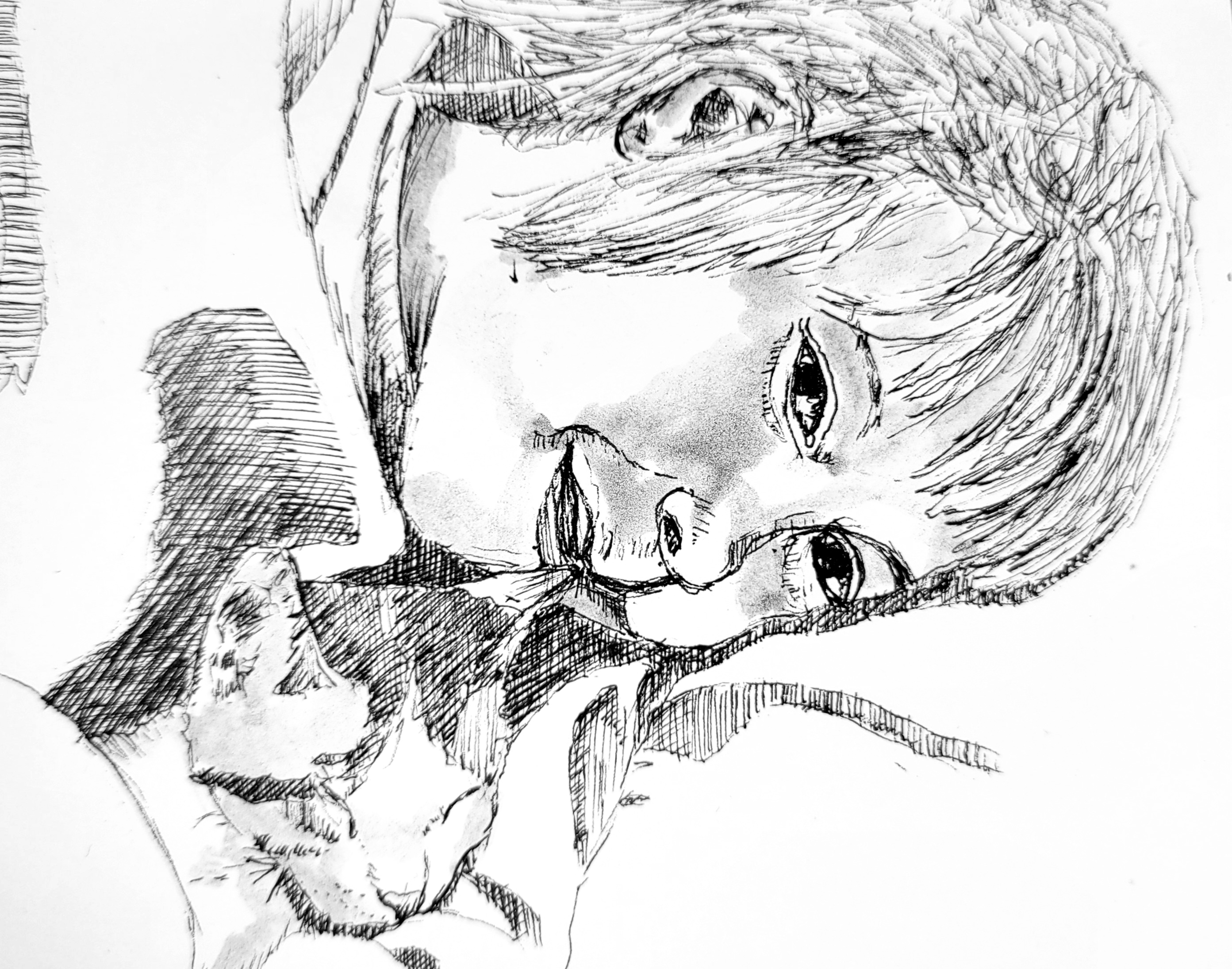 Die Skizze zeigt ein junges Mädchen, das zusammen mit einer kleinen Katze unter einer Decke kuschelt.