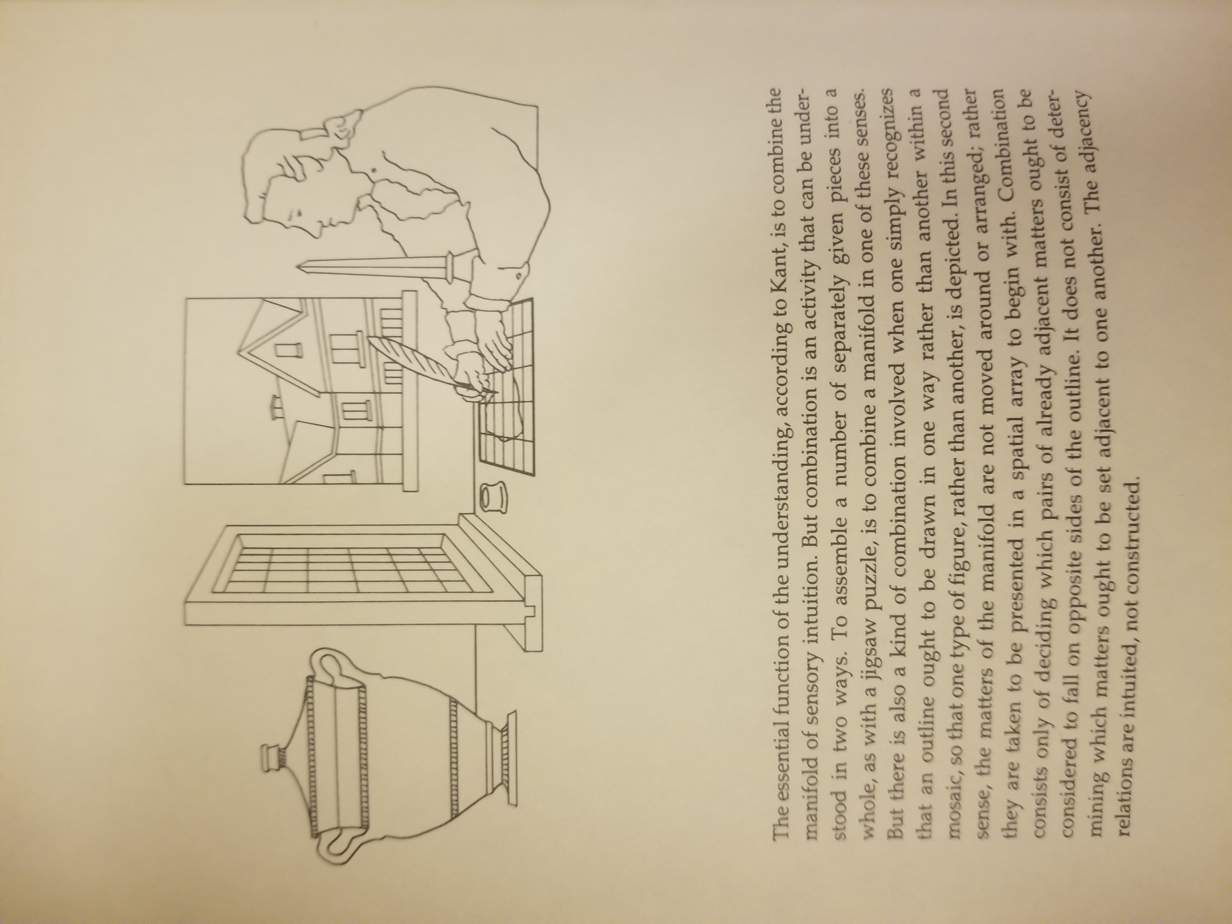 A somewhat dated paper or handout regarding Immanuel Kant. The original uploaded had taken a picture using a camera that showing a yellowed page, with a drawing featured on top. The drawing simulates a person writing in a study, noticeably drawing attention to sense and reference in a puzzle-like game. An artistic picture depicting a vase sits opposite to the person. The person seems to imitate by directly rewriting the vase in a grided canvas.