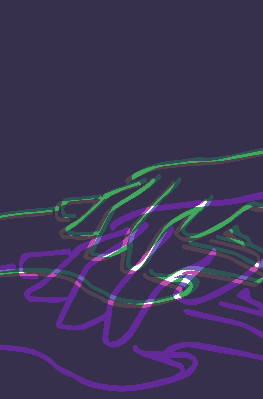 Deutsch: Eine stilisierte Zeichnung zeigt zwei Hände, die fürsorglich übereinander liegen. Mehrere Kopien derselben Zeichnung überlagern sich in leuchtenden Farben vor einem dunkelvioletten Hintergrund. English: A stylised drawing shows two hands lying on top of each other in a caring manner. Several copies of the same drawing overlap in bright colors in front of a dark purple background.