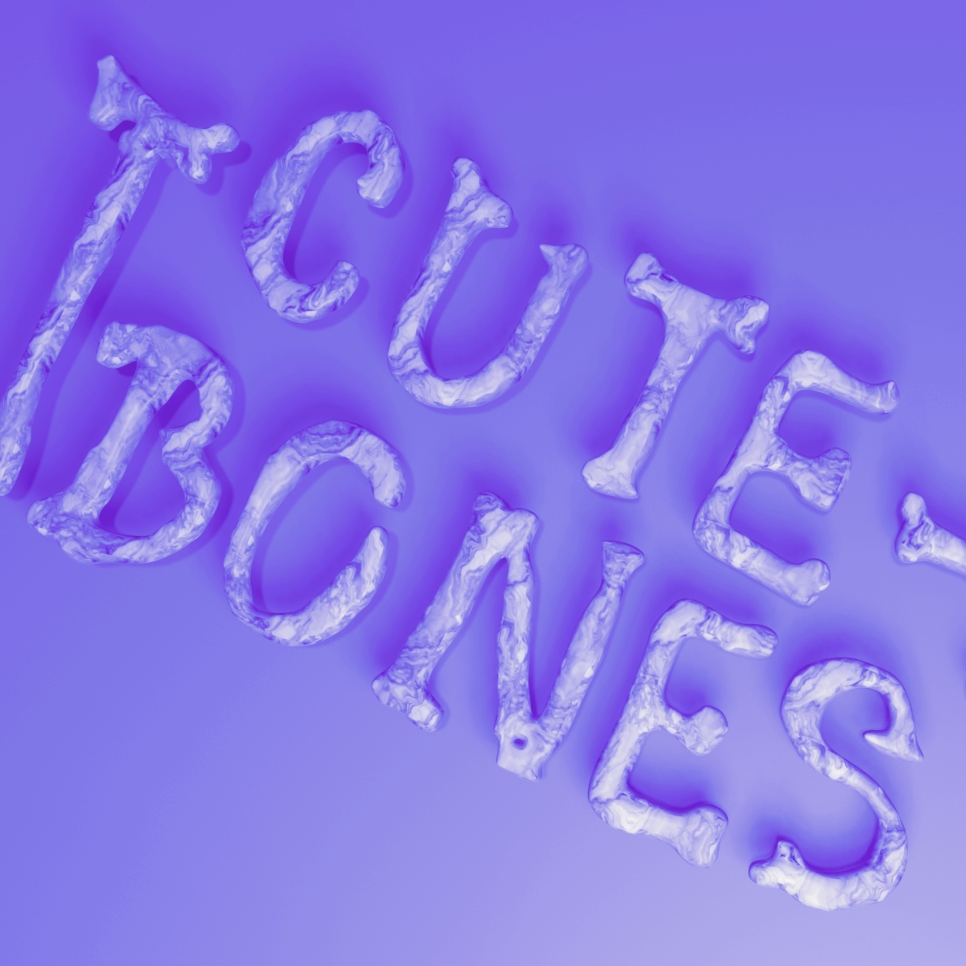 Deutsch: Die 3D-Schrift "cute bones" ist unregelmäßig wie eine Handschrift, ähnelt an einigen Stellen Knochen und hat eine marmorierte Textur. Schrift und Untergrund haben einen ähnlichen Flieder-Ton. English: The 3D letters forming "cute bones" are irregular like handwriting, resemble bone in some places and have a marbled texture. The lettering and background share a similar lilac tone.