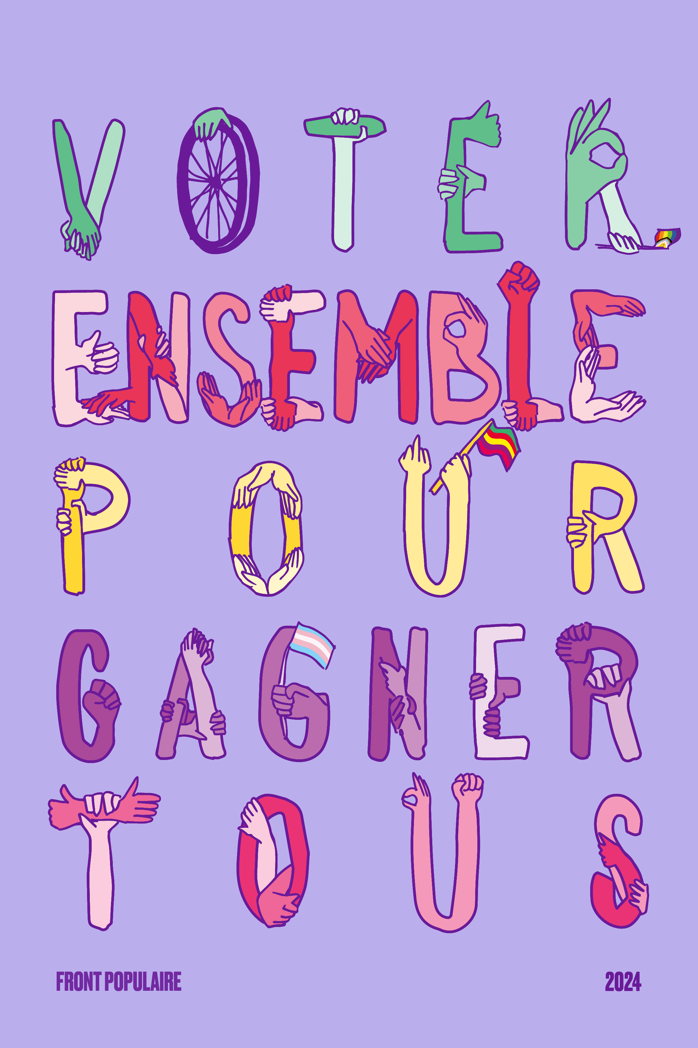Deutsch: Die Buchstaben werden von Händen gebildet, die eine Vielzahl von Gesten zeigen: Daumen hoch, Faust in die Luft gereckt, andere Hände halten, OK-Handzeichen, Queer-Flaggen hochhalten usw. English: The letters are formed by hands who display a variety of gestures: thumbs ups, first raised in the air, holding each other, OK hand sign, raising queer flags, etc.