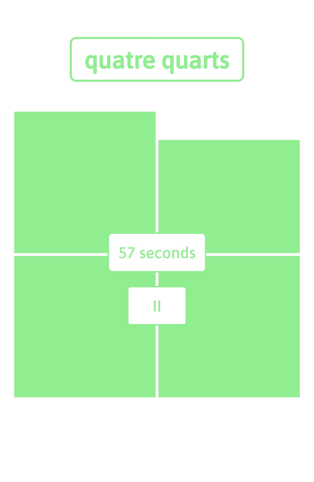 Deutsch: Ein Screenshot des Countdown-Timers. Er zeigt die Zeit an, hier „1 Minute 57 Sekunden”, vor vier grünen Quadraten, die nach und nach kleiner werden, bis sie nach Ablauf jedes Viertels der eingestellten Zeit verschwinden. English: A screenshot of the timer counting down. It displays the time, here "1 minute 57 seconds" in front of 4 green squares, which shrink one by one until they disappear as each quarter of the set time passes.