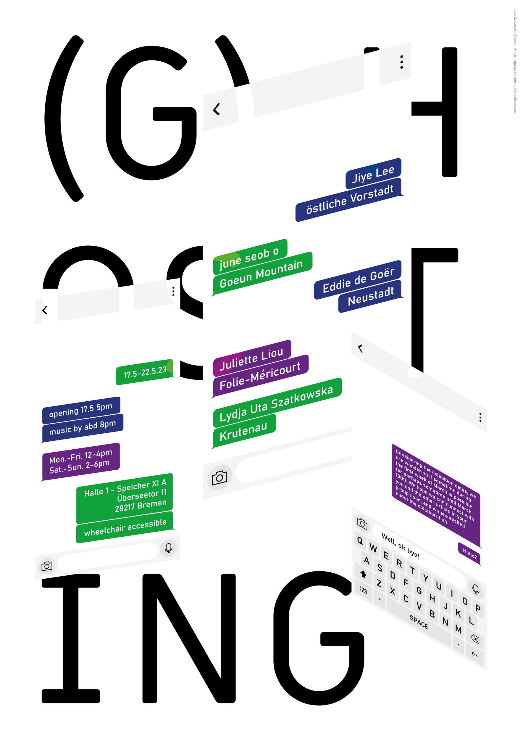 Deutsch: Die Informationen auf dem Plakat werden in Form von drei mobilen Chat-Unterhaltungen dargestellt. Der Titel „(g)hosting“ ist teilweise hinter ihnen verborgen und nur als schwacher weißer Schatten zu erkennen. English: The information on the poster is displayed as three mobile chat conversations. The title '(g)hosting' is hidden behind them in parts, showing only a faint white shadow.